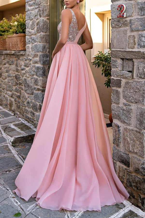 Charming A-Line V-Neck Chiffon Appliques Lace Long Prom Dress with Split
