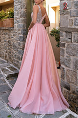 Charming A-Line V-Neck Chiffon Appliques Lace Long Prom Dress with Split