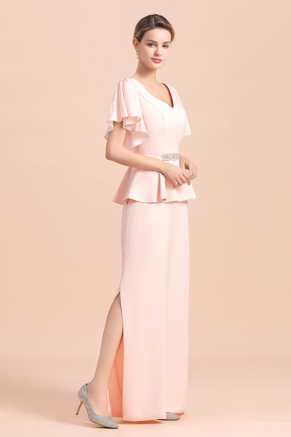 Glamorous V-Neck Beadings Satin Pink Mother of Bride Dresses