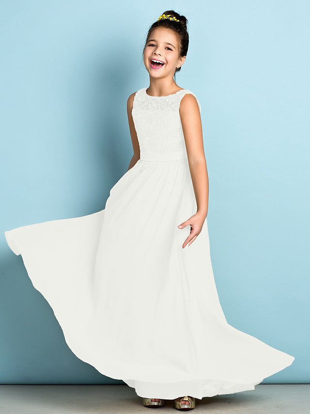 Long A-Line Scoop Neck Floor Length Chiffon Lace Junior Bridesmaid Dress