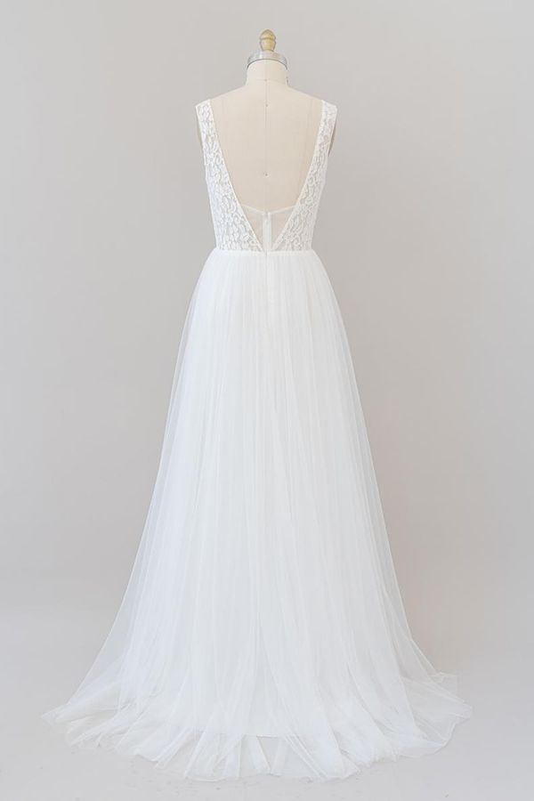 Long Open Back V-neck Lace Tulle A-line Wedding Dress