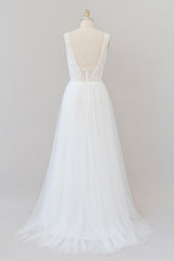Long Open Back V-neck Lace Tulle A-line Wedding Dress
