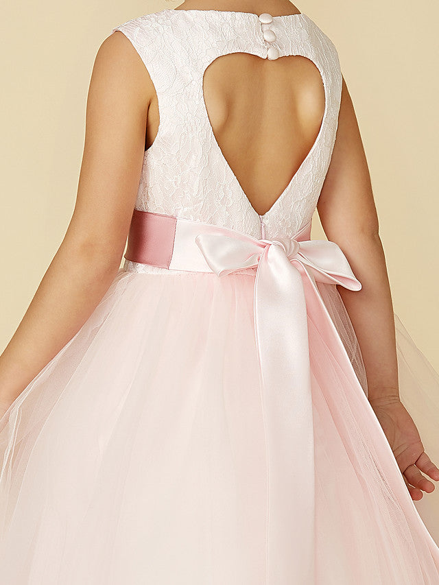 Long A-line Tulle Sleeveless Jewel Neck Flower Girl Dresses with Appliques Lace