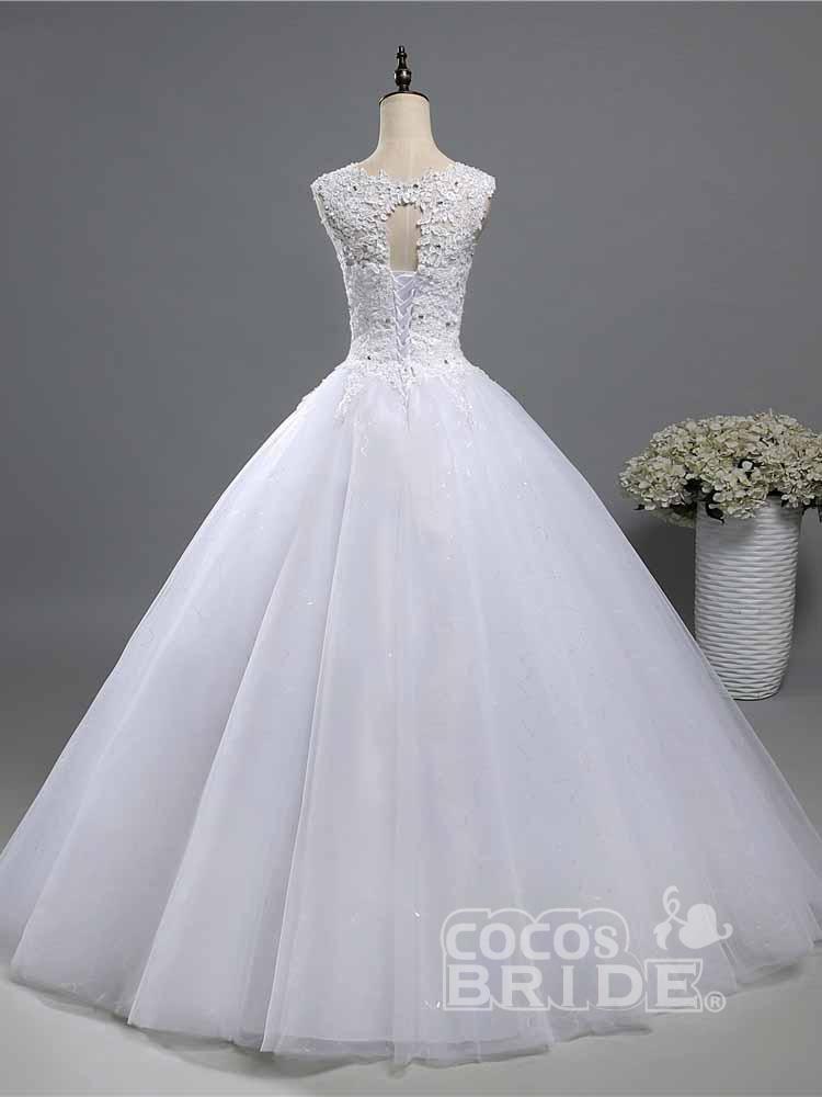 Elegant Long A-line Beads Lace-Up Ruffles Tulle Wedding Dresses