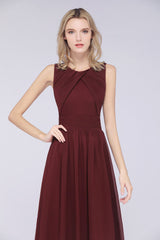 A-Line Chiffon Round-Neck Sleeveless Floor Length Bridesmaid Dress with Ruffles