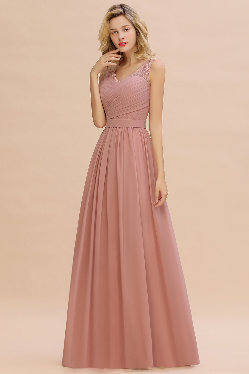 Classy Wide Straps V-neck A-line Floor Length Ruched Chiffon Bridesmaid Dress