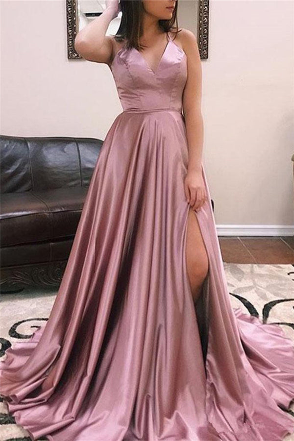 Long V-neck Split Front A-line Satin Prom Dress
