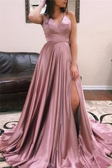 Long V-neck Split Front A-line Satin Prom Dress