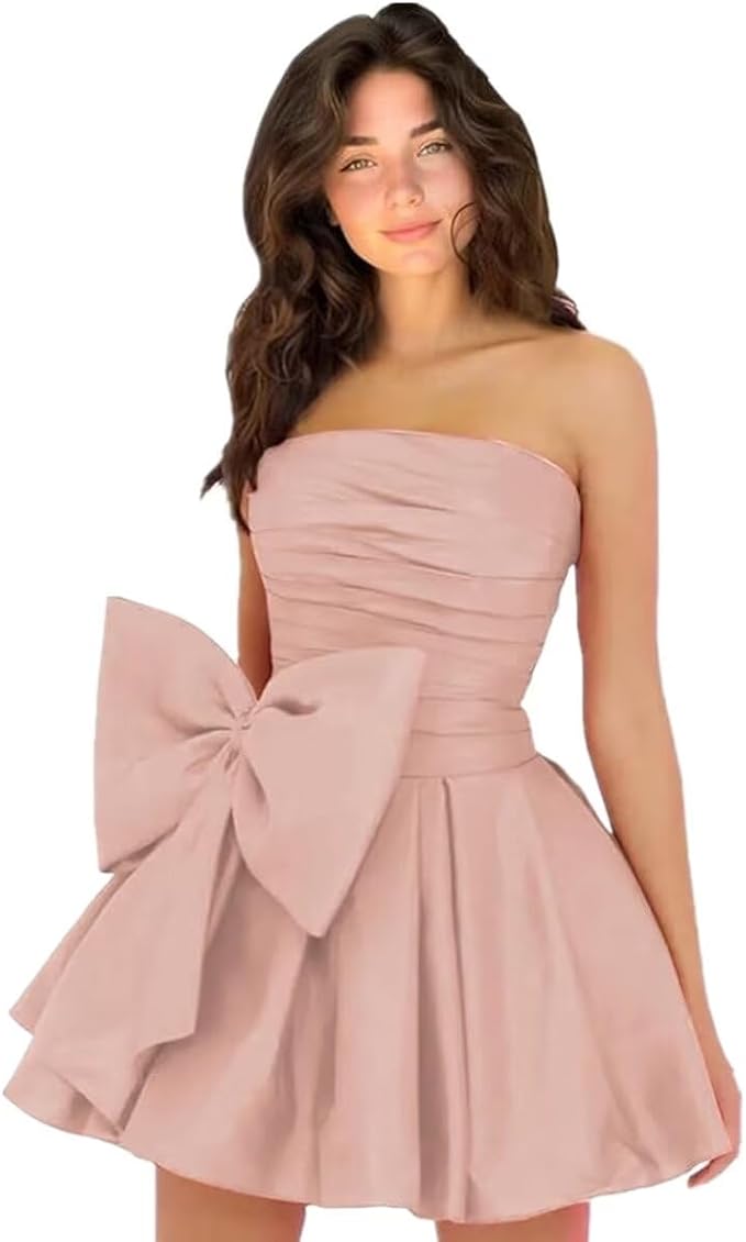 Simple Short A-line Strapless Sleeveless Ruffle Satin Homecoming Dress