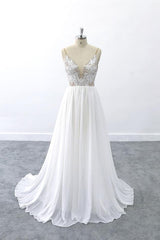 Elegant Long V-neck Lace Chiffon A-line Open Back Wedding Dress