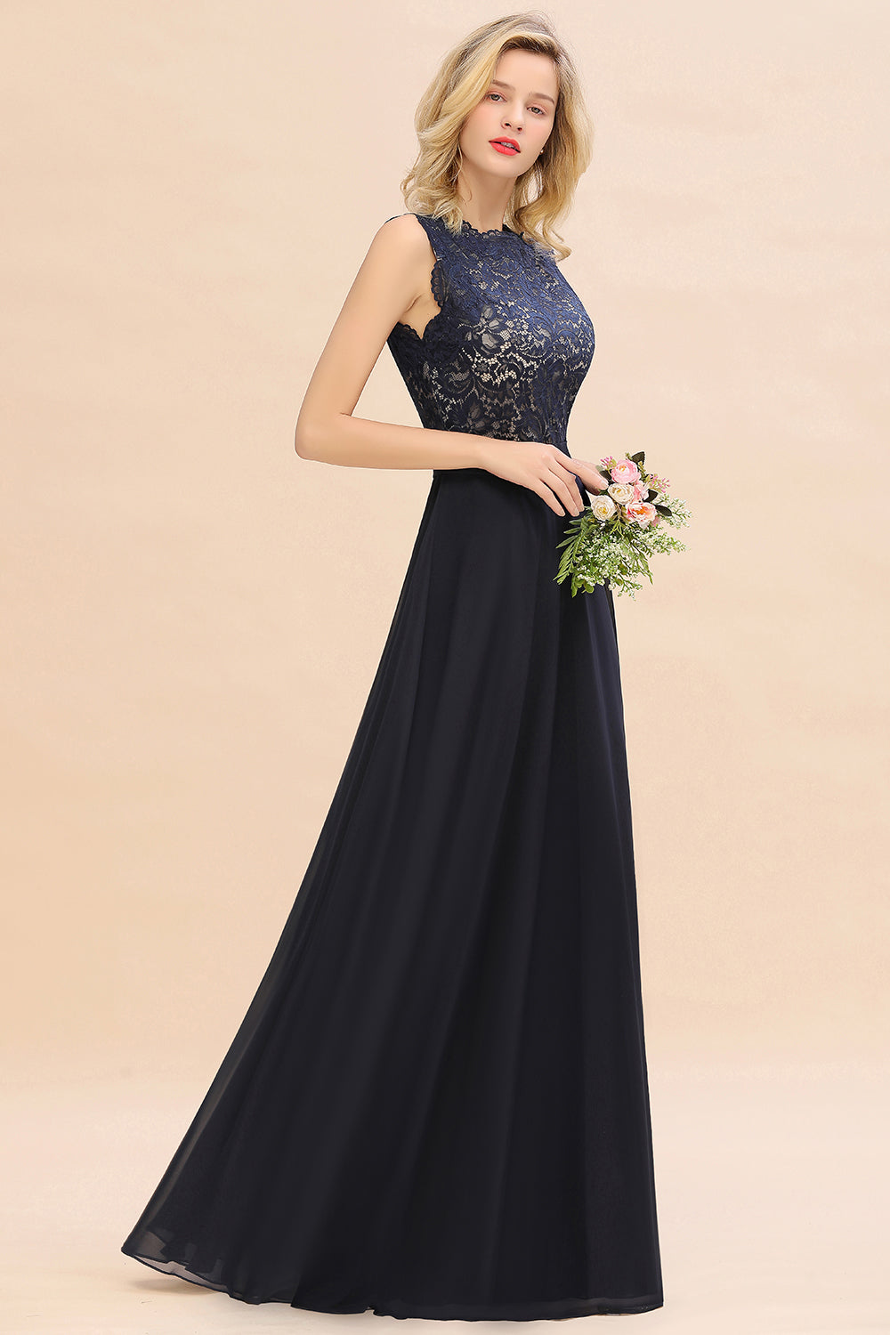Long A-line Chiffon Lace Sleeveless Bridesmaid Dresses