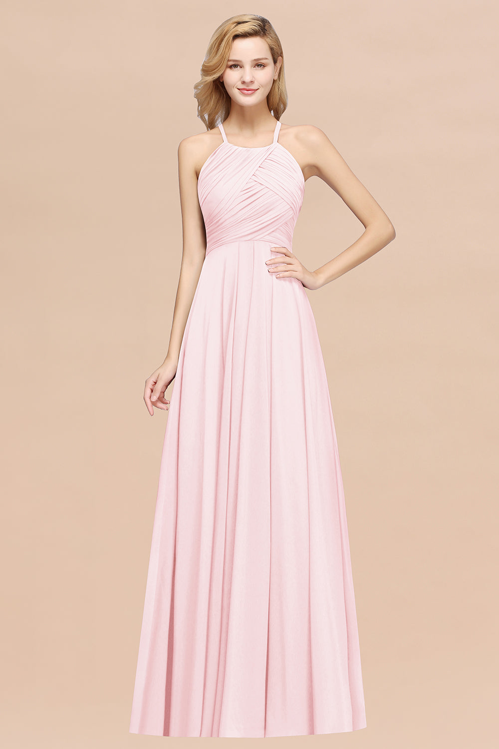 A-Line Chiffon Halter Ruffles Floor Length Bridesmaid Dress