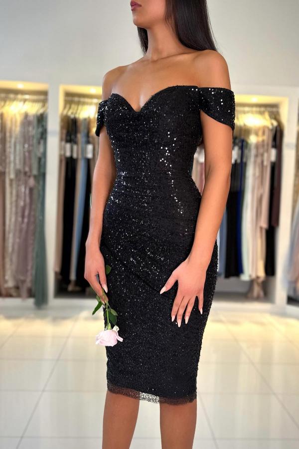 Black Short Mermaid Off the Shoulder Sequined Formal Party Dresses