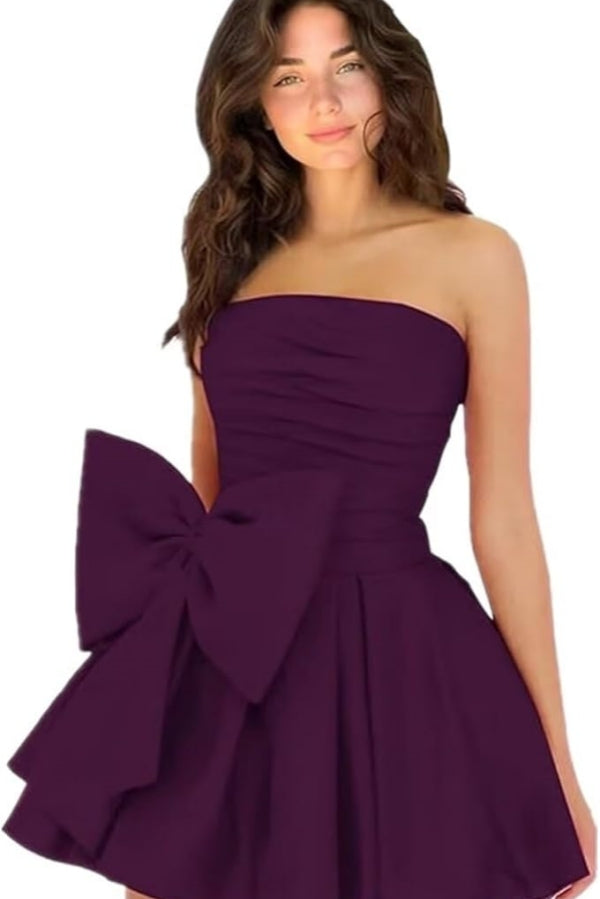 Simple Short A-line Strapless Sleeveless Ruffle Satin Homecoming Dress