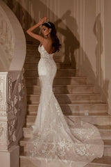Long Open Back V Neck Spaghetti Straps Lace Mermaid Floor Length Wedding Dress