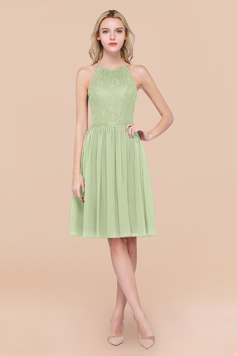 A-line Chiffon Lace Jewel Sleeveless Knee-Length Bridesmaid Dresses with Ruffles