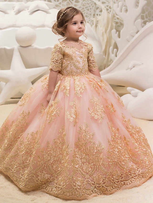 Long Ball Gown Floor Length Tulle Lace Jewel Neck Party Girl Dresses with Sleeves