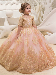 Long Ball Gown Floor Length Tulle Lace Jewel Neck Party Girl Dresses with Sleeves