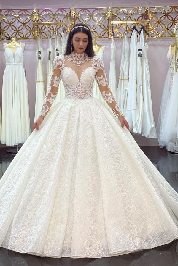 Gorgeous Long A-line High Neck Lace Appliques Wedding Dresses with Sleeves