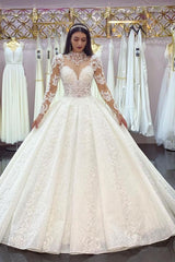 Gorgeous Long A-line High Neck Lace Appliques Wedding Dresses with Sleeves
