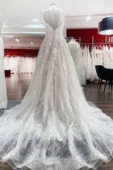 Beautiful Long A-line Tulle Lace V Neck Ruffles Open Back Wedding Dresses
