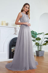 A-line Long Sleeveless Scoop Neck Tulle Lace Appliques Formal Evening Dress