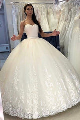 Simple Long Sweetheart Backless Appliques Lace Tulle Floor Length Ball Gown Wedding Dress