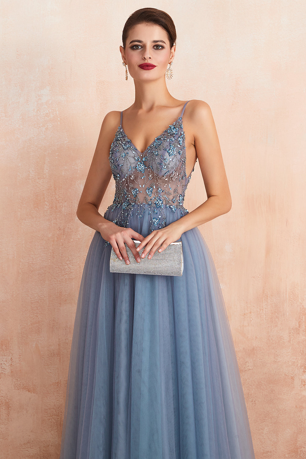 Long V-neck Tulle Beaded A-line Prom Dress with Slit