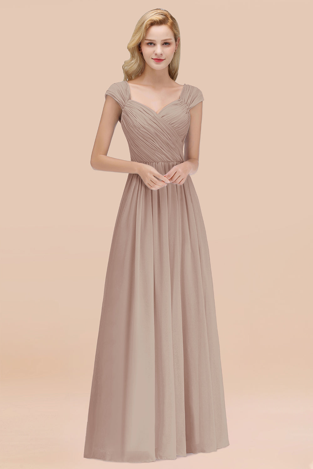 A-Line Chiffon Straps Sweetheart Sleeveless Floor Length Bridesmaid Dress with Ruffles