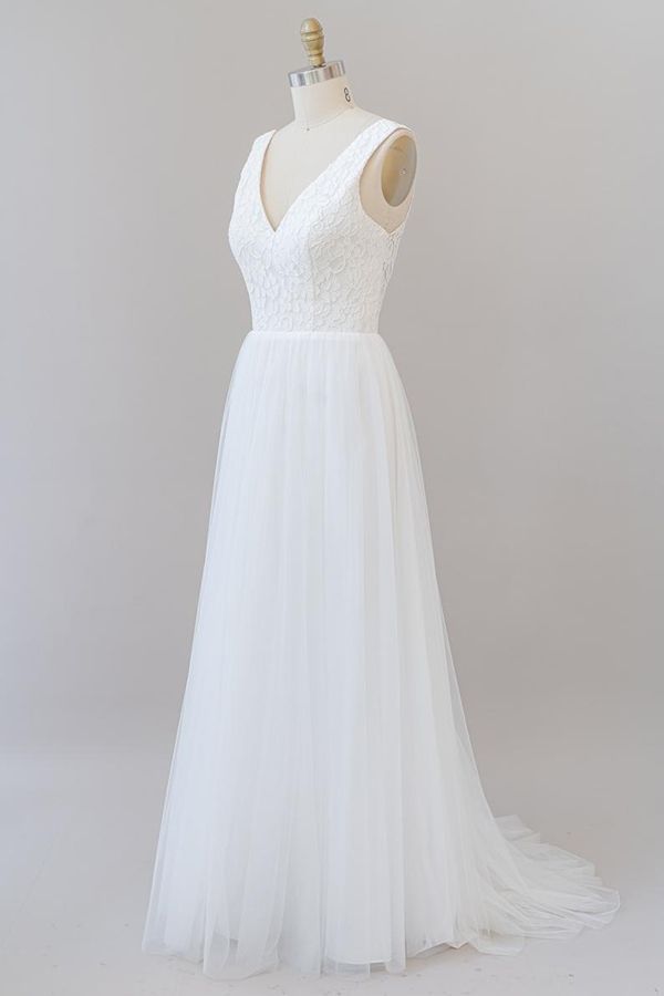 Long Open Back V-neck Lace Tulle A-line Wedding Dress