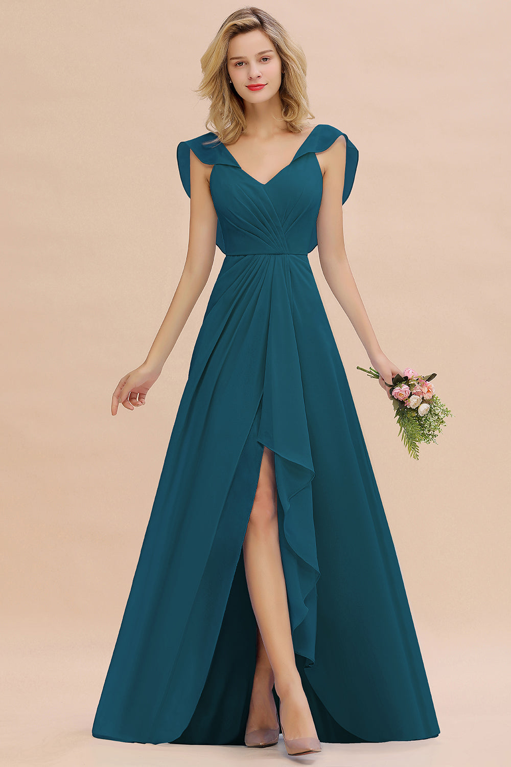 Simple High Low A-line V-Neck Ruffles Chiffon Bridesmaid Dress