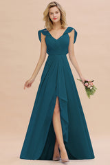 Simple High Low A-line V-Neck Ruffles Chiffon Ink Blue Bridesmaid Dress