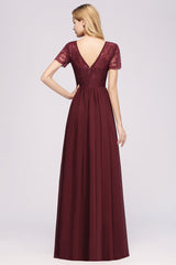 A-line Chiffon Lace Jewel Short Sleeves Floor Length Bridesmaid Dress
