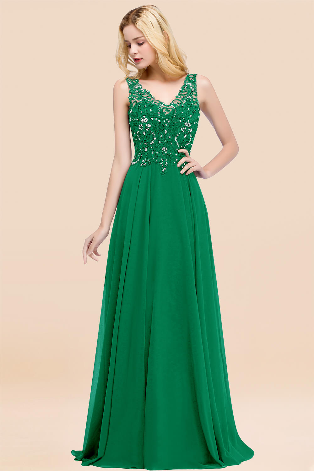 A-line Chiffon Appliques V-neck Sleeveless Floor Length Bridesmaid Dresses with Crystals
