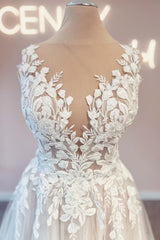 Gorgeous Long A-line V-neck Tulle Lace Open Back Wedding Dresses