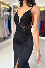 Black Long Mermaid V-neck Backless Satin Lace Formal Prom Dresses with Slit
