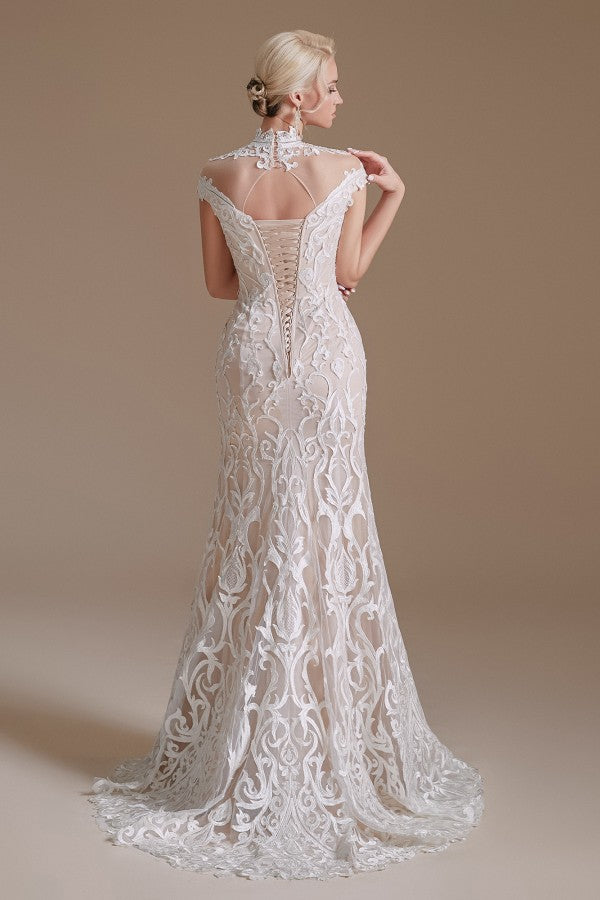 Vintage Long Mermaid High Neck Lace Wedding Dress with sleeves