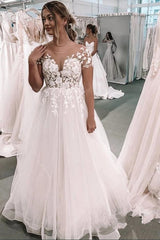 Plus Size Long A-Line Bateau Short Sleeve Appliques Lace Floor Length Tulle Wedding Dress