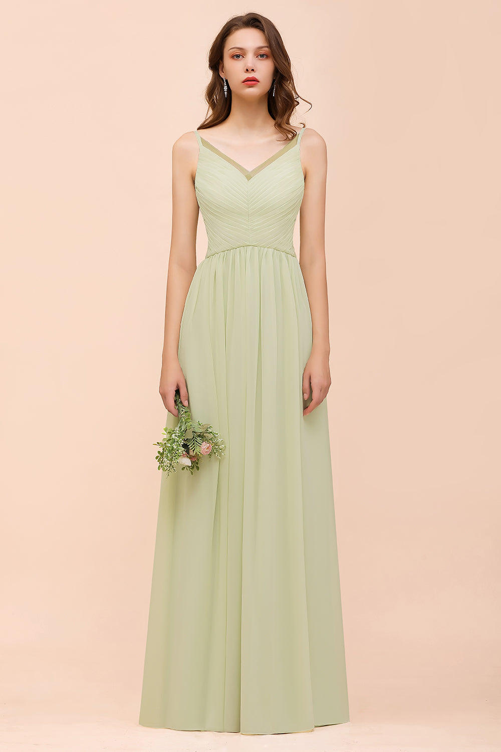 Long A-line V-neck Chiffon Sage Open Back Bridesmaid Dress