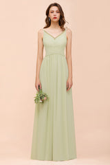 Long A-line V-neck Chiffon Sage Open Back Bridesmaid Dress