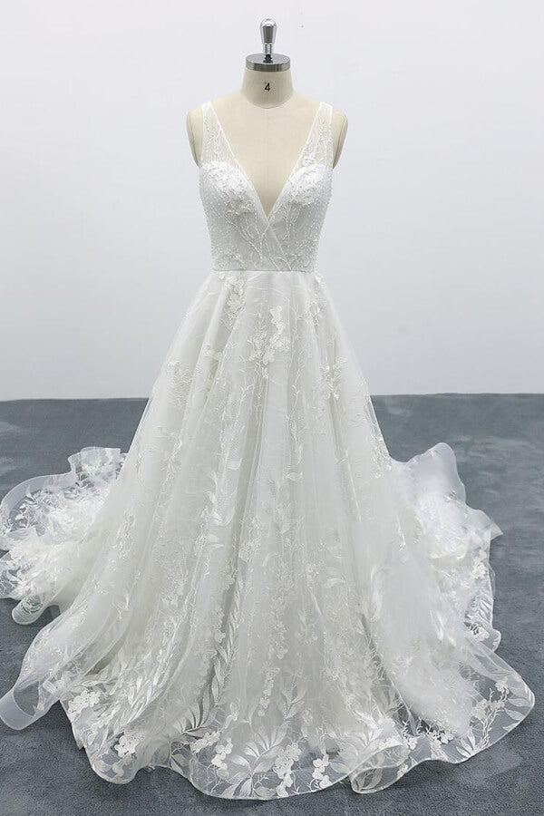 Elegant Long V-neck Appliques Lace Tulle A-line Wedding Dress