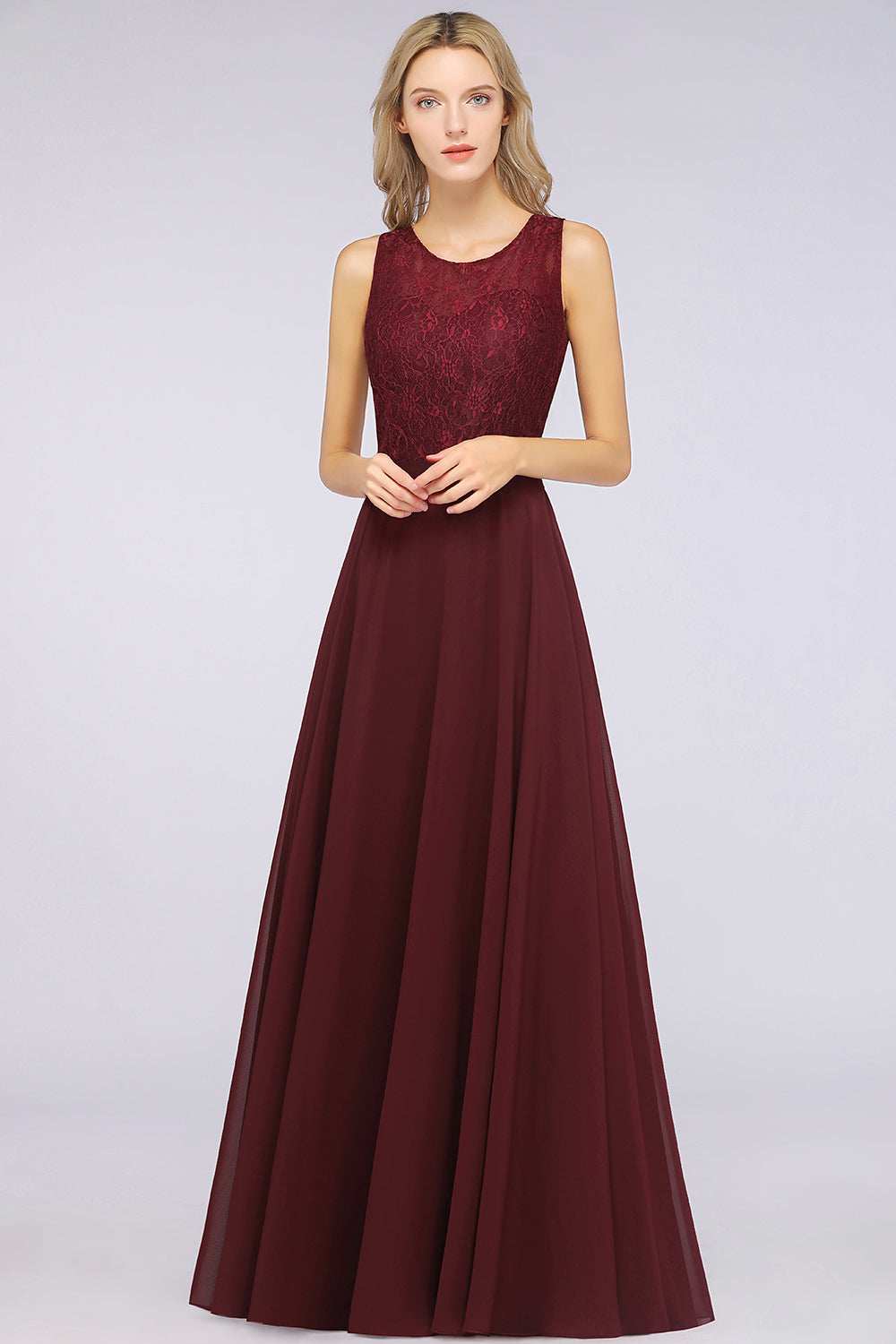 A-Line Chiffon Lace Jewel Sleeveless Hollowout Floor Length Bridesmaid Dress