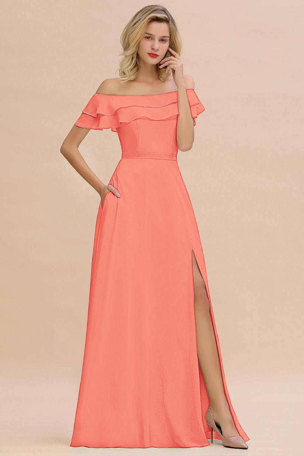 Off the Shoulder Front Slit Mint Green Long Bridesmaid Dress