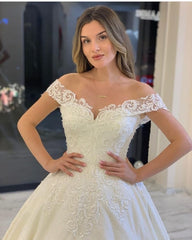 Classy Long A-Line Off the Shoulder Appliques Lace Backless Train Wedding Dress