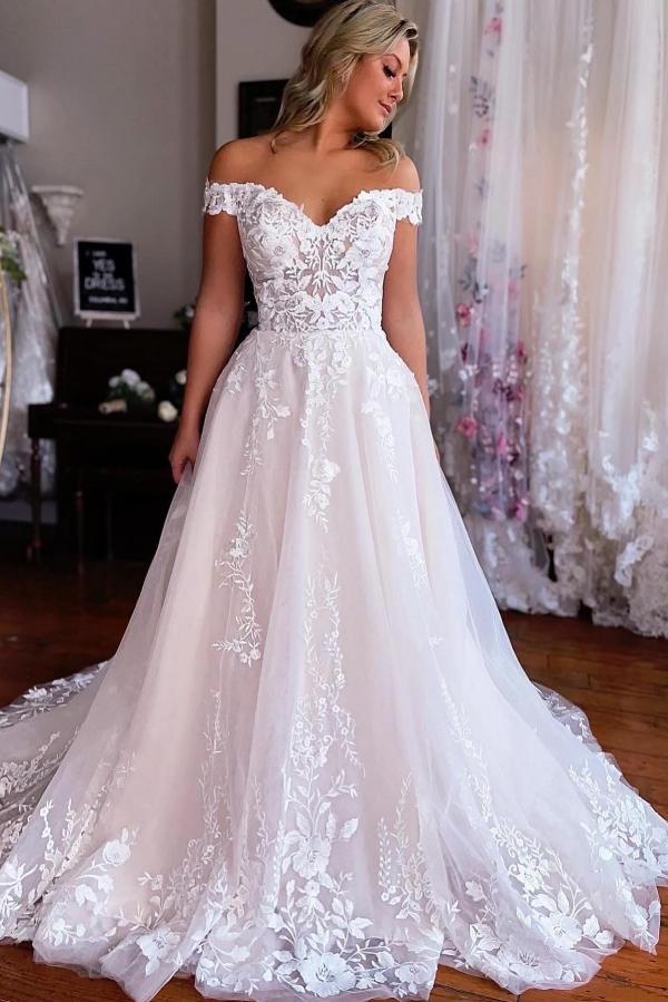 Off The Shoulder Sweetheart A Line Tulle Appliques Lace Long Wedding Dress