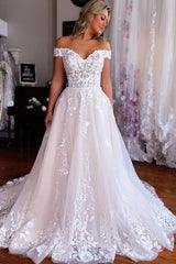 Off The Shoulder Sweetheart A Line Tulle Appliques Lace Long Wedding Dress