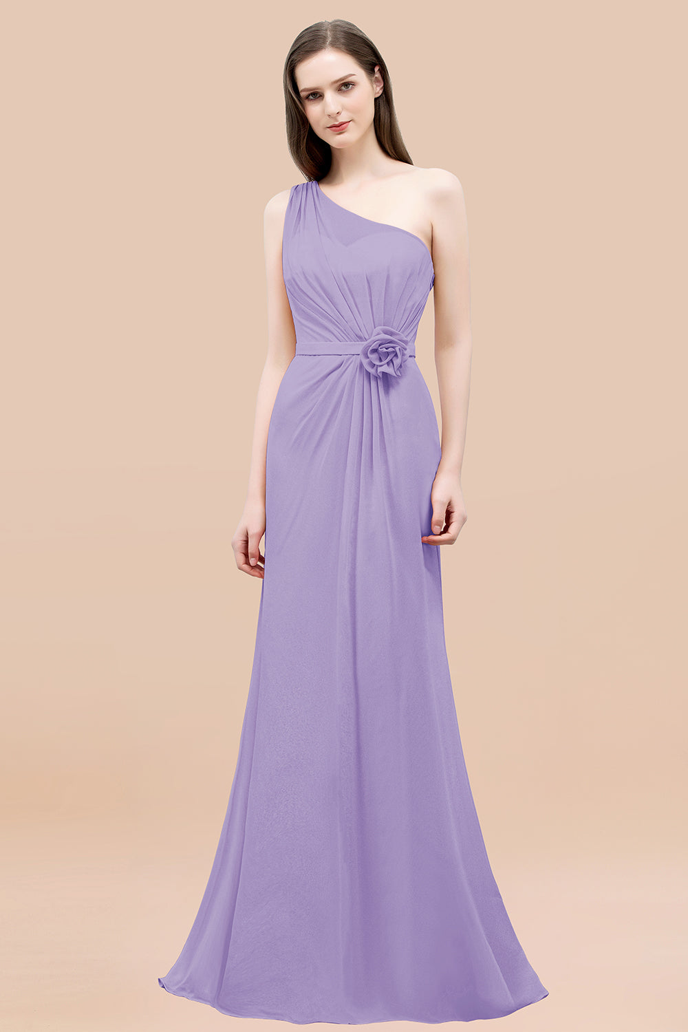 Mermaid Chiffon One Shoulder Sleeveless Ruffled Floor Length Bridesmaid Dresses with Flower