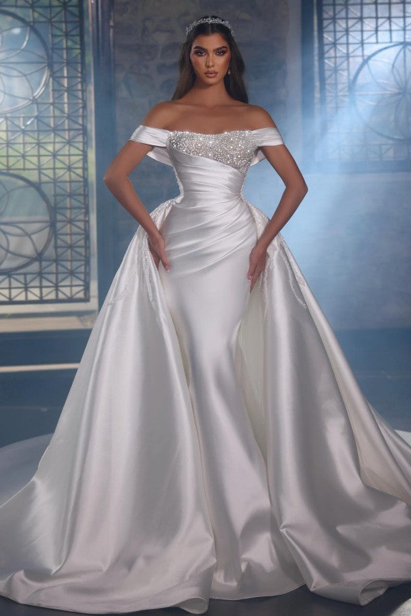 Shiny Long Mermaid Off the Shoulder Satin Beads Wedding Dress with Detachable Train