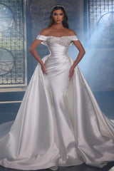 Shiny Long Mermaid Off the Shoulder Satin Beads Wedding Dress with Detachable Train