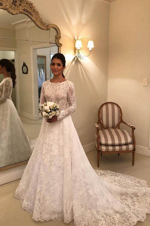 Elegant Long Scoop Lace A-line Wedding Dresses with Long Sleeves